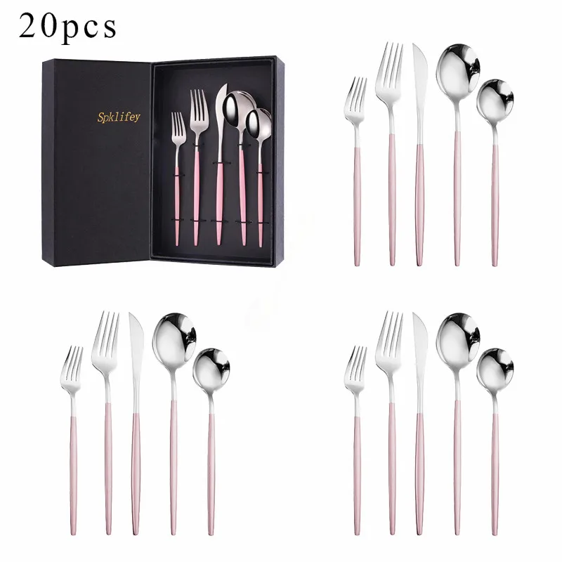 Pink Silver Stainless Steel Tableware Set Bright Knives Forks Spoons Flatware Dinnerware Set Complete Kitchen 20pcs Cutlery Set
Pink Silver Stainless Steel Tableware Set Bright Knives Forks Spoons Flatware Dinnerware Set Complete Kitchen 20pcs Cutlery Set