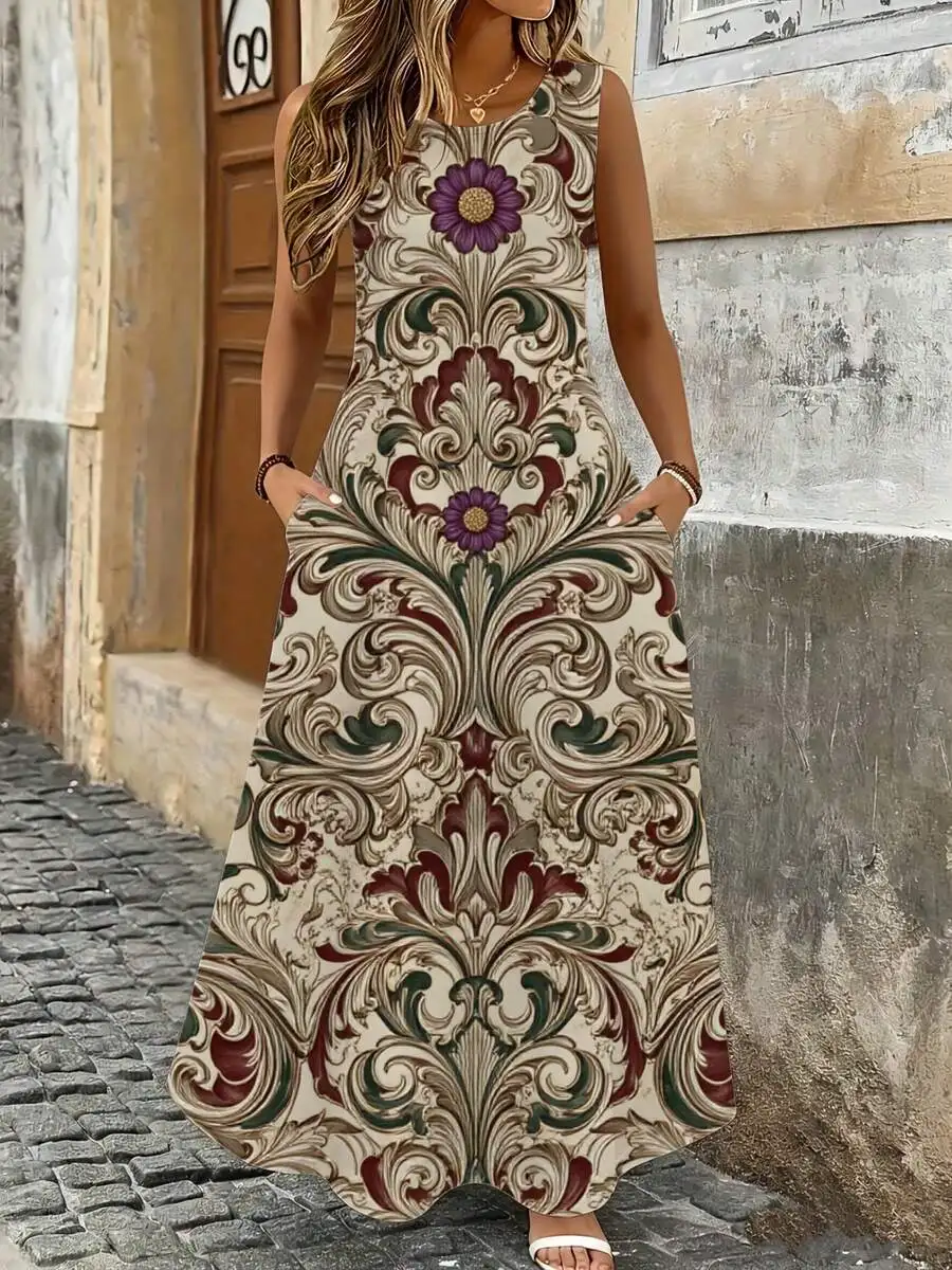 Beige Maxi Dress With Purple Green Floral Pattern Summer Women Sleeveless Boho Dress
Beige Maxi Dress With Purple Green Floral Pattern Summer Women Sleeveless Boho Dress