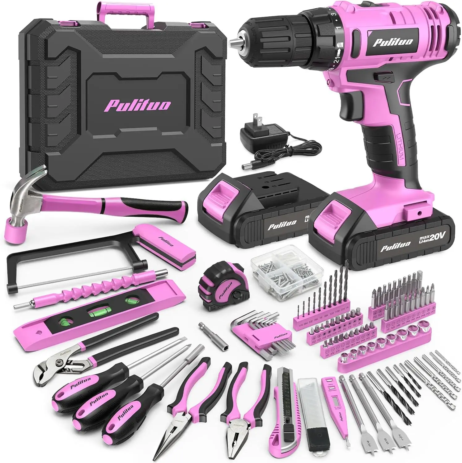 20V Cordless Power Drill Tool Kit, 199-Piece Pink Home DIY Set with 2 Batteries, Charger, LED Light, Toolbox for Women & Men
20V Cordless Power Drill Tool Kit, 199-Piece Pink Home DIY Set with 2 Batteries, Charger, LED Light, Toolbox for Women & Men