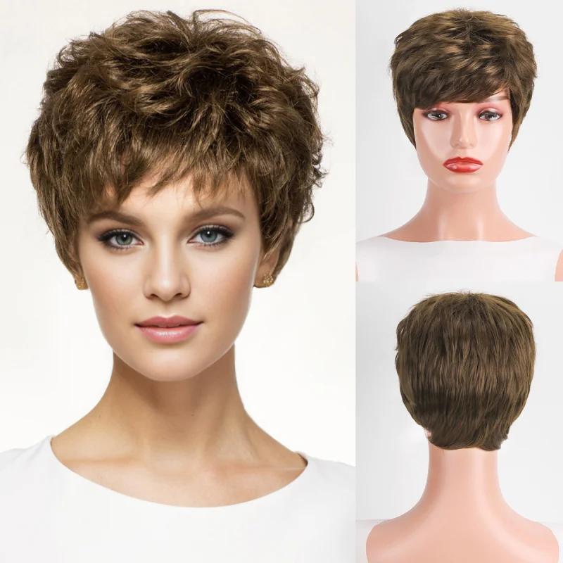 European and American style women's fashion with fluffy side bangs, short curly synthetic hair, full head wig
European and American style women's fashion with fluffy side bangs, short curly synthetic hair, full head wig