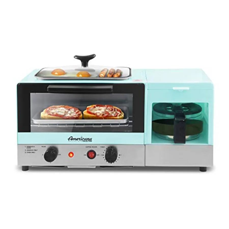 Americana 2 Slice 9.5" Griddle with Glass Lid 3-in-1 Breakfast Center Station 4-Cup Coffeemaker Toaster Oven with 15-Min Timer
Americana 2 Slice 9.5" Griddle with Glass Lid 3-in-1 Breakfast Center Station 4-Cup Coffeemaker Toaster Oven with 15-Min Timer