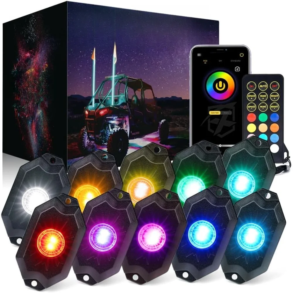 LED Rock Lights Kit with Bluetooth Wireless Remote 10PCs Underglow Neon Lights for Cars Trucks SUV ATV UTV Boats
LED Rock Lights Kit with Bluetooth Wireless Remote 10PCs Underglow Neon Lights for Cars Trucks SUV ATV UTV Boats