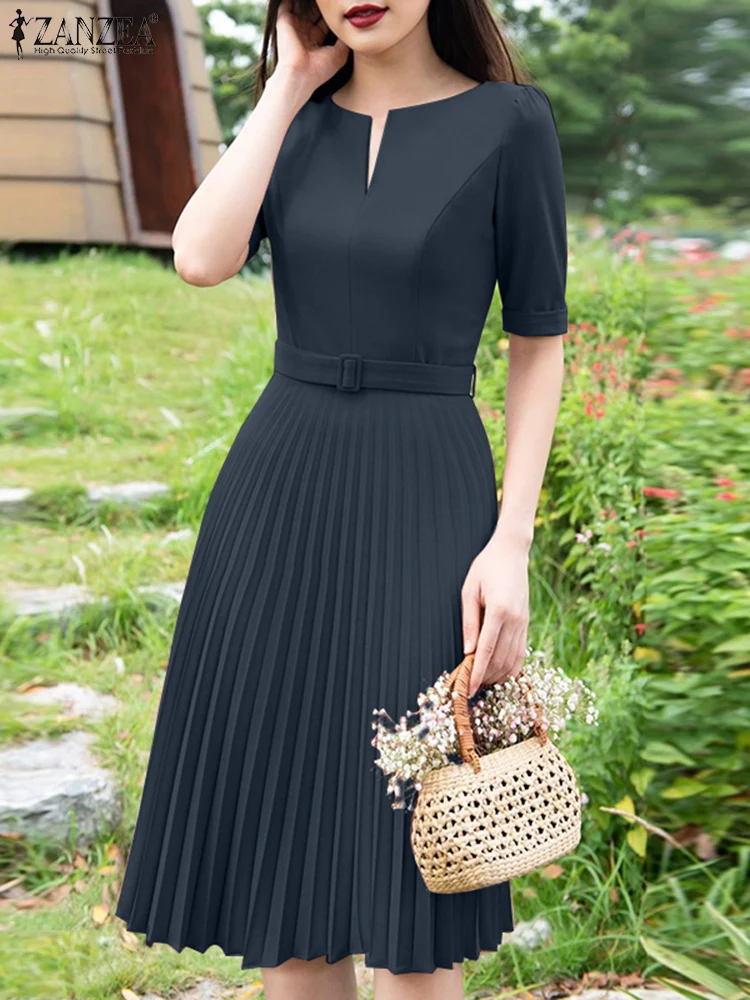 ZANZEA Elegant Belted Pleated Dresses Short Sleeve Office Lady 2025 Summer V-Neck A-line Robe Femme Woman Commute Solid Vestidos
ZANZEA Elegant Belted Pleated Dresses Short Sleeve Office Lady 2025 Summer V-Neck A-line Robe Femme Woman Commute Solid Vestidos