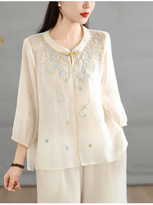 Elegant Embroidered Linen Shirt Women's Summer Fashion Set with Wide Leg Pants Seven Sleeve Women's Shirt Chinese Style Top
Elegant Embroidered Linen Shirt Women's Summer Fashion Set with Wide Leg Pants Seven Sleeve Women's Shirt Chinese Style Top