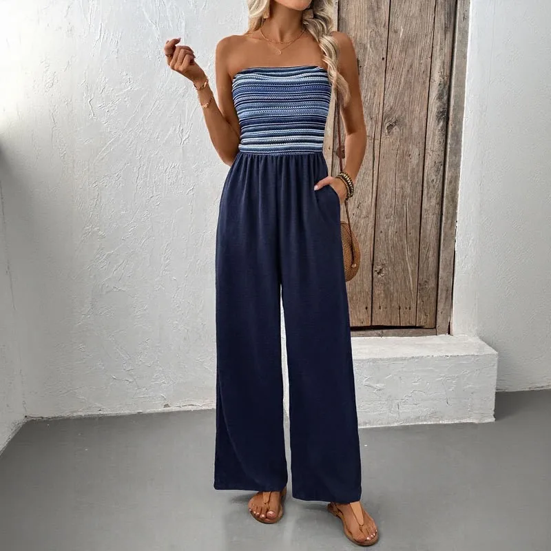 Women's Jumpsuit Striped Top Casual Romper Solid Color Pants Long Jumpsuit Blue And White Pleated Waist Wide Leg Jumpsuit
Women's Jumpsuit Striped Top Casual Romper Solid Color Pants Long Jumpsuit Blue And White Pleated Waist Wide Leg Jumpsuit