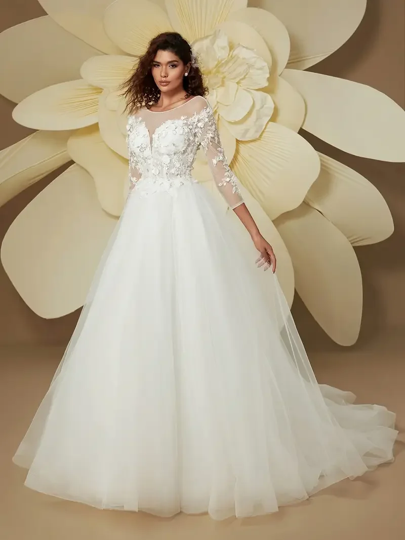 Customized 2025 Women's Elegant And Romantic Deep V-Neck Lace Wedding Dress With Floral Embroidery Long Sleeves Round Neck
Customized 2025 Women's Elegant And Romantic Deep V-Neck Lace Wedding Dress With Floral Embroidery Long Sleeves Round Neck