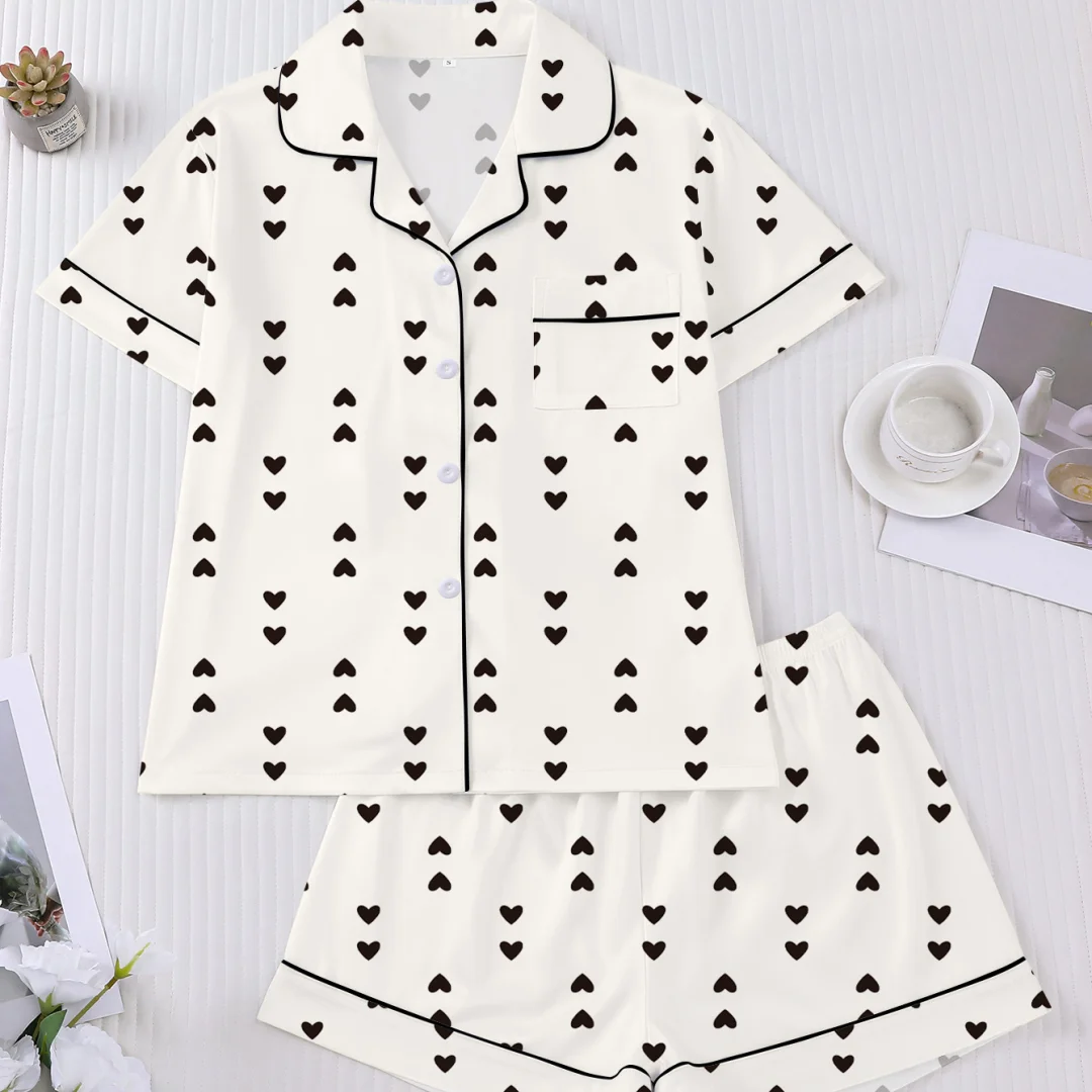 White Women's Pajamas with Black Love Heart Print Lapel Short Sleeve Shorts Loungewear Home Wear Set Valentine's Day Gifts
White Women's Pajamas with Black Love Heart Print Lapel Short Sleeve Shorts Loungewear Home Wear Set Valentine's Day Gifts