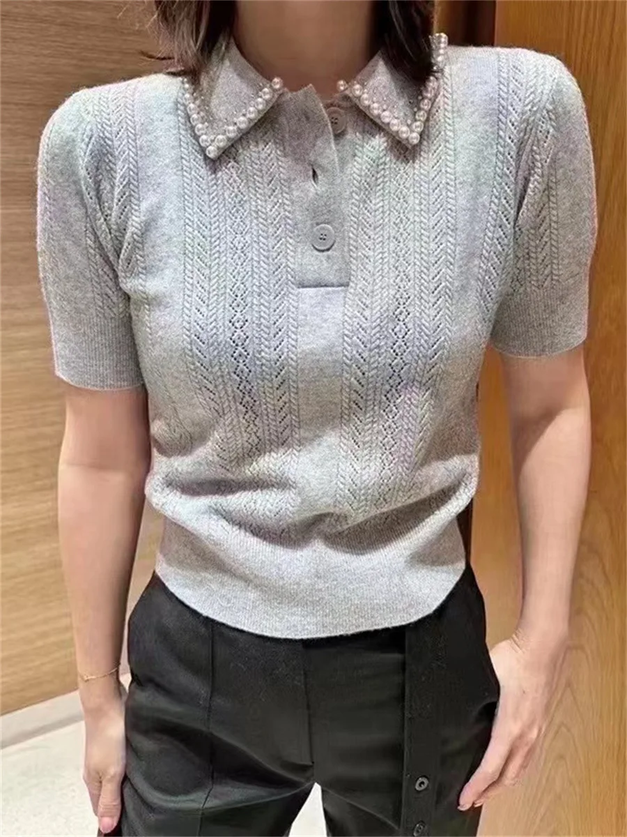 Women Gray Hollow Decoration Sweater Short Sleeve Lapel Slim Knit Ladies Pullover
Women Gray Hollow Decoration Sweater Short Sleeve Lapel Slim Knit Ladies Pullover