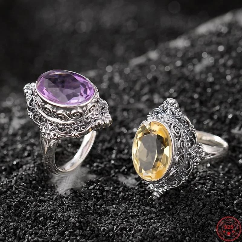 Genuine S925 Sterling Silver Rings for Women Men New Fashion Vintage Pattern Amethyst Yellow Crystals Adjustable Size Jewelry
Genuine S925 Sterling Silver Rings for Women Men New Fashion Vintage Pattern Amethyst Yellow Crystals Adjustable Size Jewelry