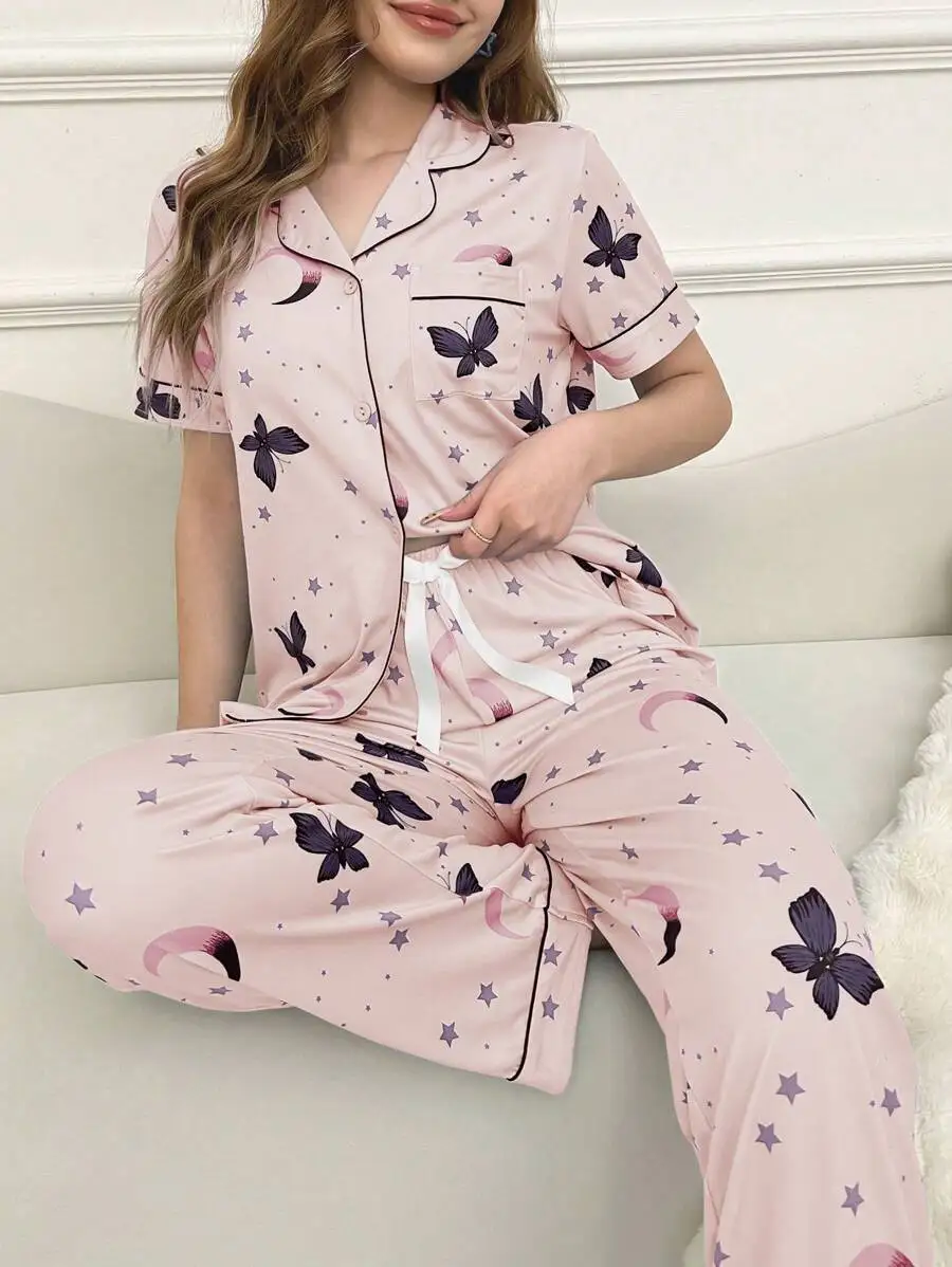 Womens Short Sleeve Pajama Set With Star Moon Butterfly Print
Womens Short Sleeve Pajama Set With Star Moon Butterfly Print