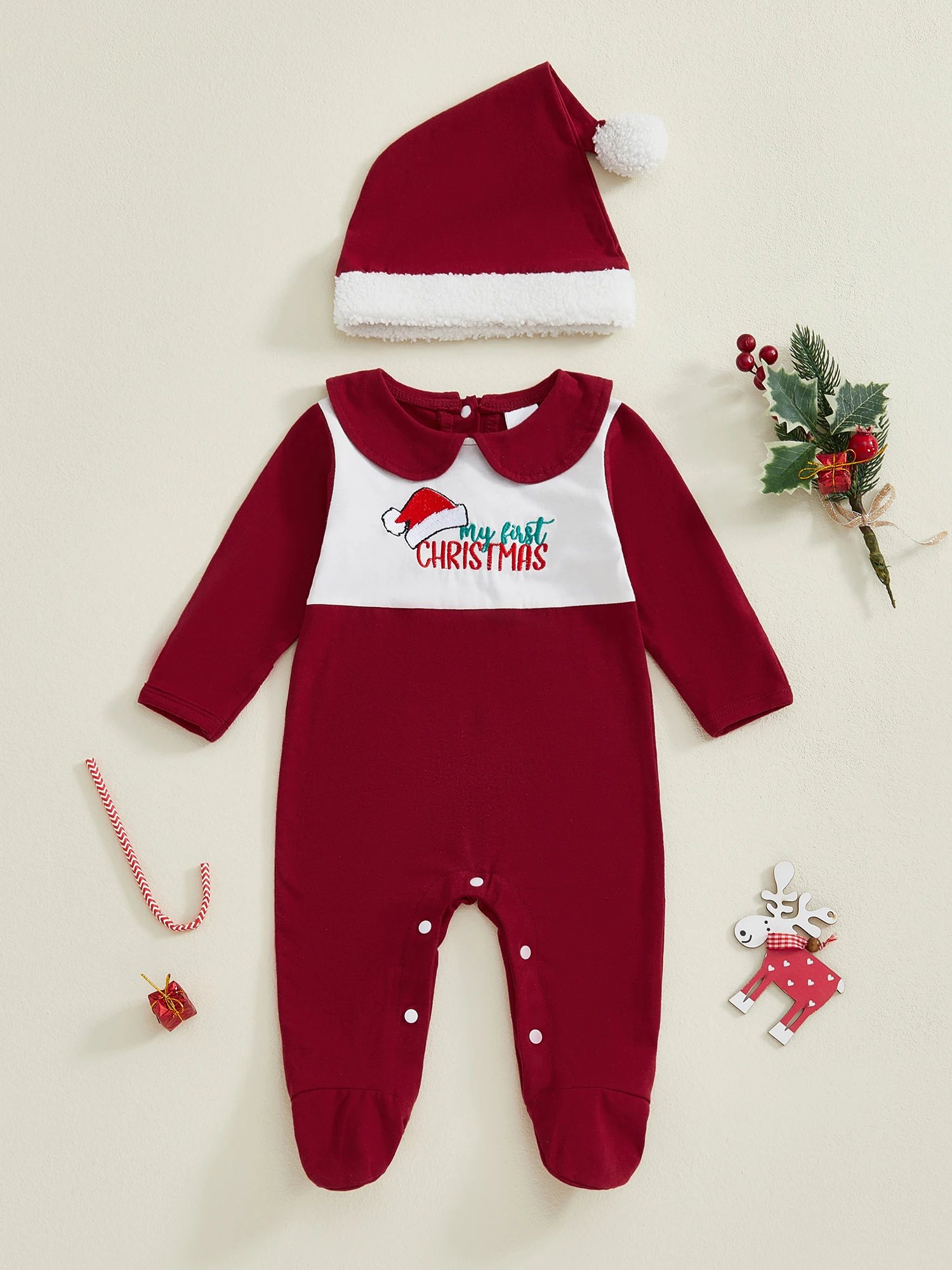 Cute Winter Baby Romper with Matching Hat 2 Piece Set Cozy Embroidered Doll Collar Long Sleeve Toddler Outfit for Christmas
Cute Winter Baby Romper with Matching Hat 2 Piece Set Cozy Embroidered Doll Collar Long Sleeve Toddler Outfit for Christmas