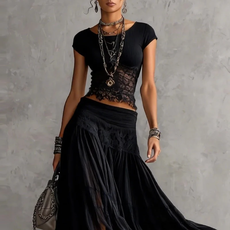 Summer New Skirts Suits Vintage O-neck Short Sleeve Crop Tops Skirts Matching Sets Elegant Lady Solid Color Lace Spliced Outfits
Summer New Skirts Suits Vintage O-neck Short Sleeve Crop Tops Skirts Matching Sets Elegant Lady Solid Color Lace Spliced Outfits