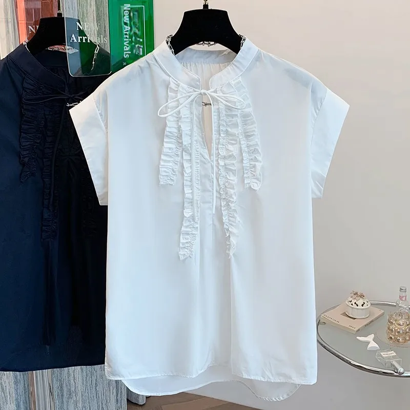 French Style Loose Women's White Shirt Short Sleeve Breathable Cotton Blend Flying Sleeve Top Age-Defying Summer Fashion
French Style Loose Women's White Shirt Short Sleeve Breathable Cotton Blend Flying Sleeve Top Age-Defying Summer Fashion