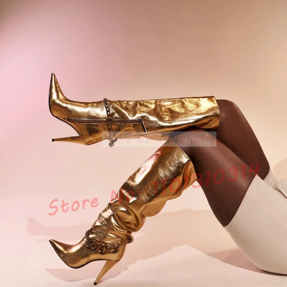 Mirror Gold Knee High Boots Women Metal Chain Winter Shiny Leather Luxury Shoes Pointy Toe Side Zipper Sexy Trends Long Boots
Mirror Gold Knee High Boots Women Metal Chain Winter Shiny Leather Luxury Shoes Pointy Toe Side Zipper Sexy Trends Long Boots