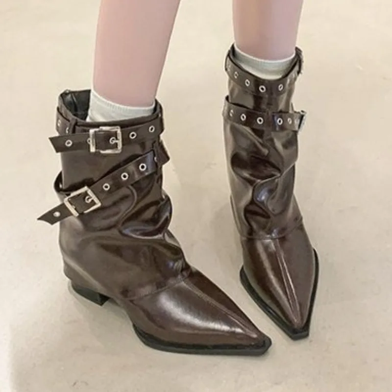 Autumn Vintage Thick Heel Pointed Toe Women Pipe Boots Fashion Belt Buckle Ladies Elegant Slip On Mordern Mid Calf Booties
Autumn Vintage Thick Heel Pointed Toe Women Pipe Boots Fashion Belt Buckle Ladies Elegant Slip On Mordern Mid Calf Booties