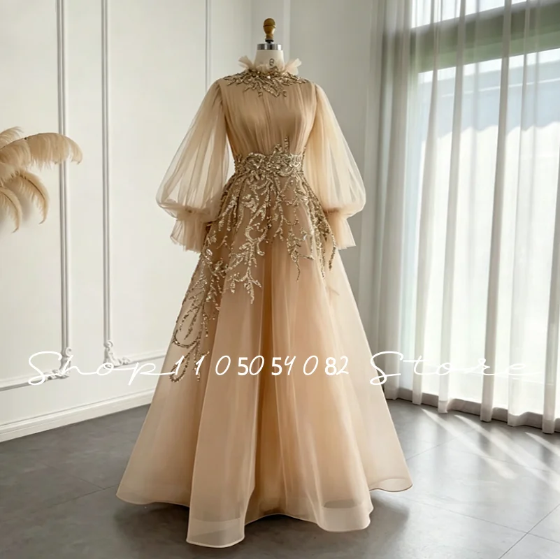 Champagne Kaftan Formal Evening Dresses Muslim Bell-Sleeve Tulle Embroidered A-Line Luxury Party Dress Prom Dress Customized
Champagne Kaftan Formal Evening Dresses Muslim Bell-Sleeve Tulle Embroidered A-Line Luxury Party Dress Prom Dress Customized