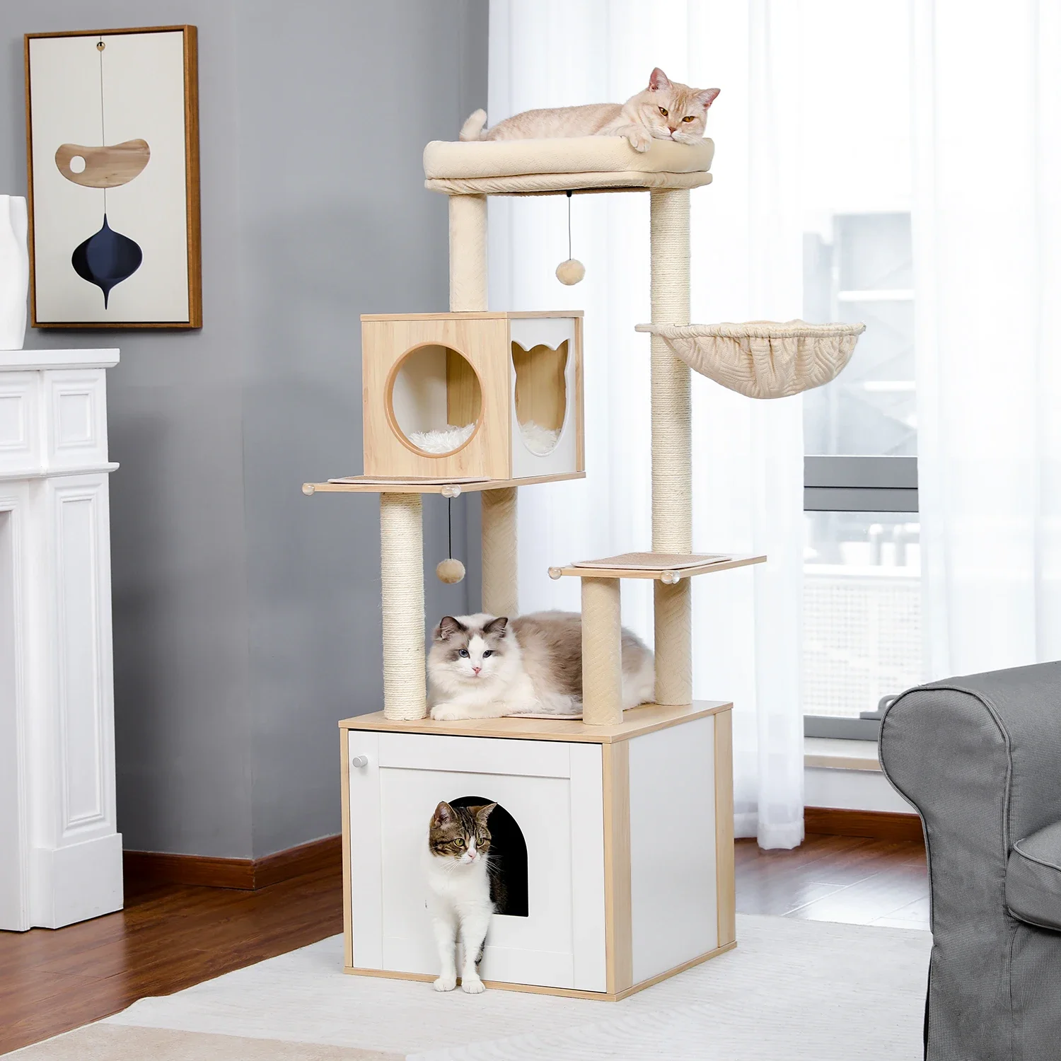 Cat Tree with Box Enclosure Large Wood Tower with Storage Cabinet and Cozy Condo Sisal Covered Scratching Post
Cat Tree with Box Enclosure Large Wood Tower with Storage Cabinet and Cozy Condo Sisal Covered Scratching Post