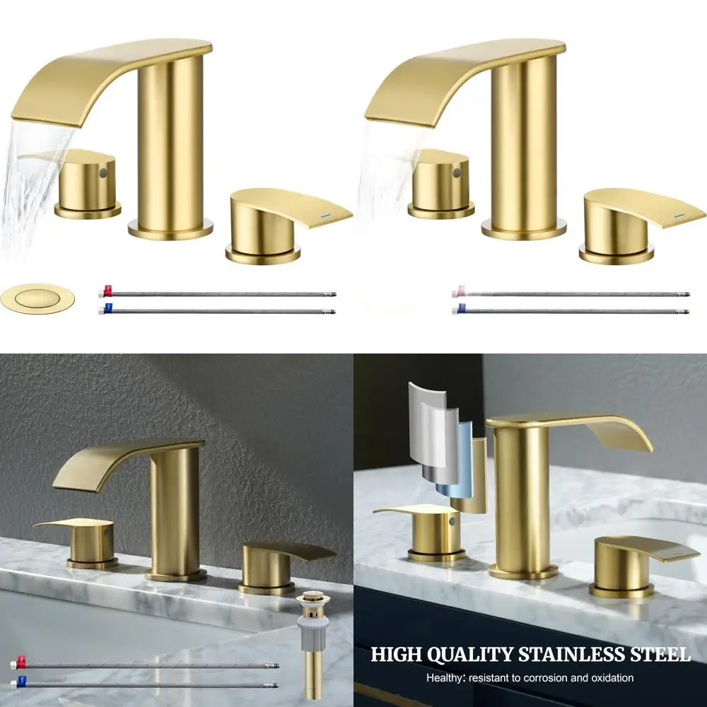 Смеситель-водопад из матового золота, 3 отверстия, 2 ручки, широко распространенный, в комплект входят металлический слив и 2 шланги для туалетного столика.
Смеситель-водопад из матового золота, 3 отверстия, 2 ручки, широко распространенный, в комплект входят металлический слив и 2 шланги для туалетного столика.