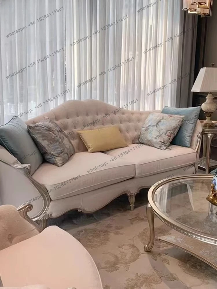 French light luxury fabric sofa modern simple solid wood carving American villa model room living room
French light luxury fabric sofa modern simple solid wood carving American villa model room living room