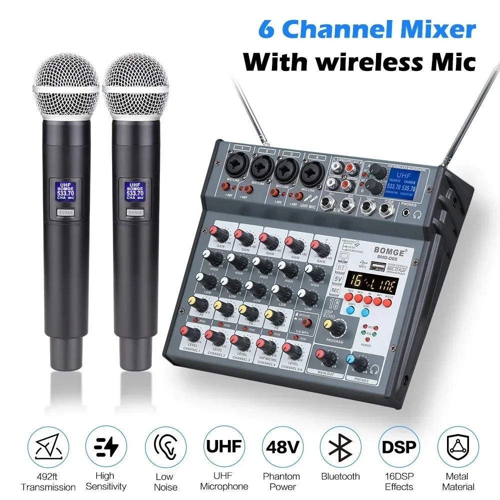 Top! 6 Channel Audio Mixer Mixing Console Built-in Microphone UHF Wireless Mics Bluetooth USB 16 DSP Effect For DJ Karaoke PC
Top! 6 Channel Audio Mixer Mixing Console Built-in Microphone UHF Wireless Mics Bluetooth USB 16 DSP Effect For DJ Karaoke PC