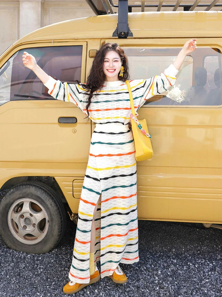 Spring Summer New Stripe Set Korean Round Neck Long Sleeve Top A-line Skirt Suit Sweet Casual Color Contrasting Two Piece Sets
Spring Summer New Stripe Set Korean Round Neck Long Sleeve Top A-line Skirt Suit Sweet Casual Color Contrasting Two Piece Sets