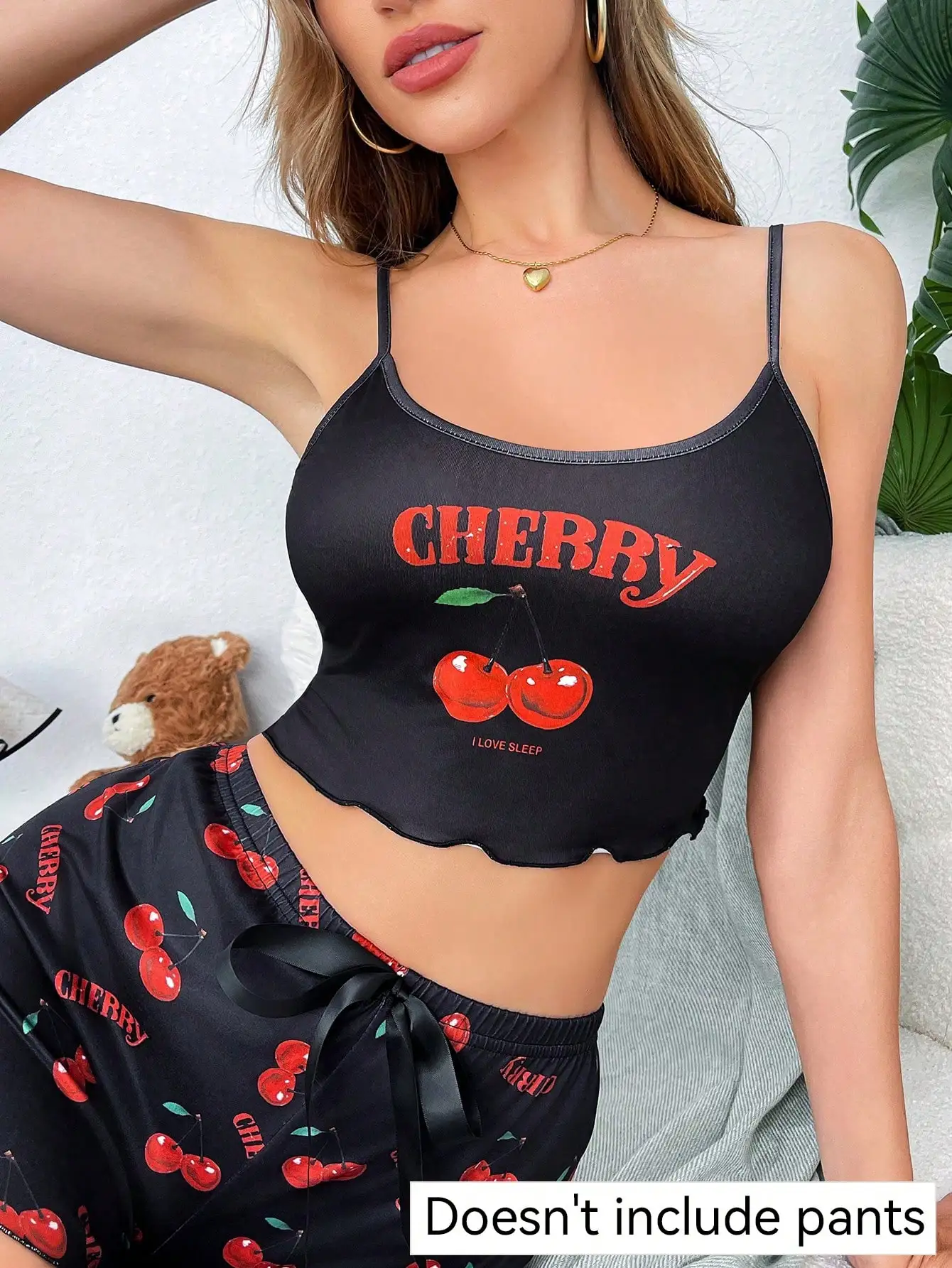 Women's Cute Black Cherry Print Spaghetti Strap Pajama Crop Top With Lettuce Trim
Women's Cute Black Cherry Print Spaghetti Strap Pajama Crop Top With Lettuce Trim