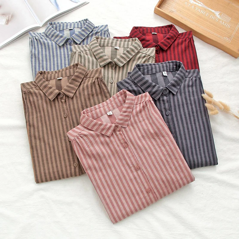 Women Cotton Striped Shirts Vintage Lapel Loose Long Sleeve Button Simple Blouses Bf Korean All Match Casual Tops New
Women Cotton Striped Shirts Vintage Lapel Loose Long Sleeve Button Simple Blouses Bf Korean All Match Casual Tops New