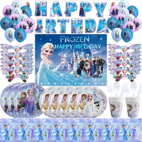Disney Frozen Birthday Decoration Tableware Elsa White Cups Plate Napkin Tablecloth Balloon Banner Birthday Party Decor Supplies
