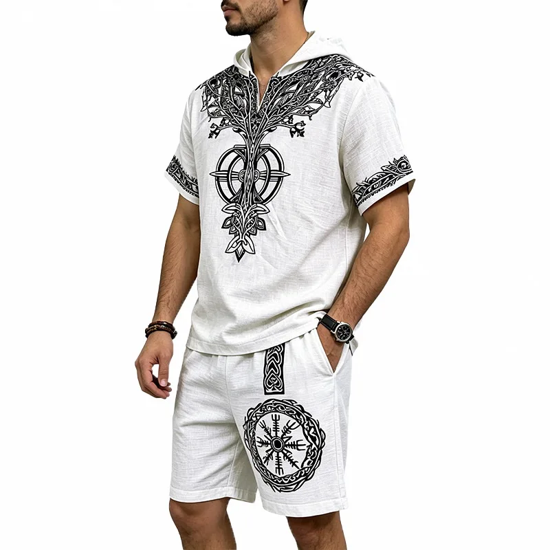 European and American summer men's bamboo hemp suit, retro Viking style printed hooded casual top + shorts
European and American summer men's bamboo hemp suit, retro Viking style printed hooded casual top + shorts