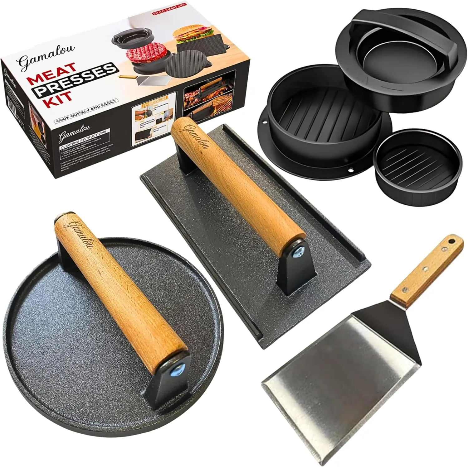 ® Smashed Burger Press BBQ Kit: 7" Round & 8.2x4.3 Rectangle Cast Iron Bacon Press, 3 in 1 Patty Maker, Spatula 6x5”, B
® Smashed Burger Press BBQ Kit: 7" Round & 8.2x4.3 Rectangle Cast Iron Bacon Press, 3 in 1 Patty Maker, Spatula 6x5”, B