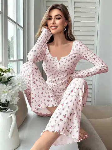 Conjunto de pijama floral de manga larga para otoño/invierno para mujer: cómoda ropa de descanso de algodón acanalado con cuello en V