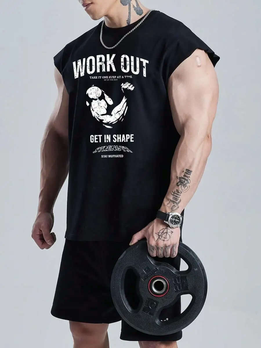 Men's Black Sleeveless Gym Tank Top with Motivational Graphic Print
Men's Black Sleeveless Gym Tank Top with Motivational Graphic Print