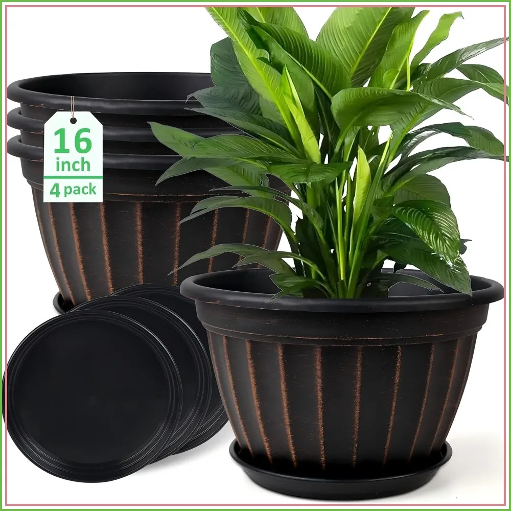 4 Pack 16 inch Plant Pots, Retro Vertical Stripe Planters with Drainage Holes and Saucer, Sturdy Plastic Garden Flower Pots for Indoor & Outdoor Plants
4 Pack 16 inch Plant Pots, Retro Vertical Stripe Planters with Drainage Holes and Saucer, Sturdy Plastic Garden Flower Pots for Indoor & Outdoor Plants