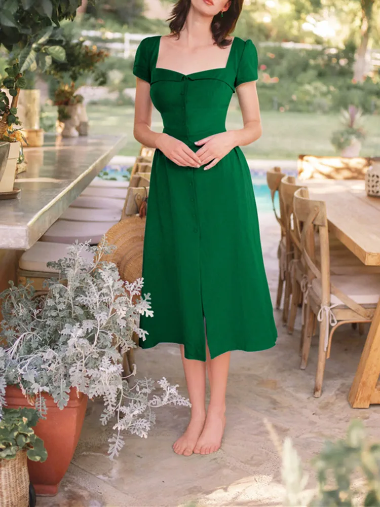 Summer New Women Solid Color Square Collar Single Breasted Dress Female Short-Sleeved Linen Casual Mid-Length Dress
Summer New Women Solid Color Square Collar Single Breasted Dress Female Short-Sleeved Linen Casual Mid-Length Dress