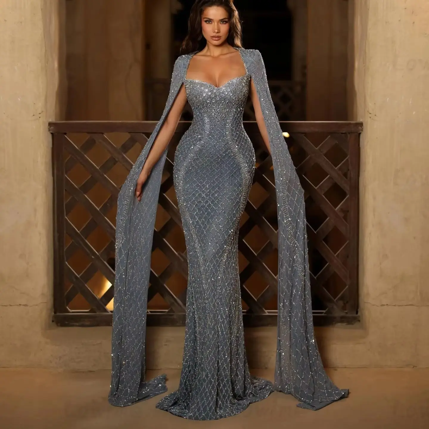 2026 Saudi Arabic Glitter Sequined Mermaid Blue Evening Dress Cape Sleeves For Occasion Party Wedding Prom Dresses Customized
2026 Saudi Arabic Glitter Sequined Mermaid Blue Evening Dress Cape Sleeves For Occasion Party Wedding Prom Dresses Customized