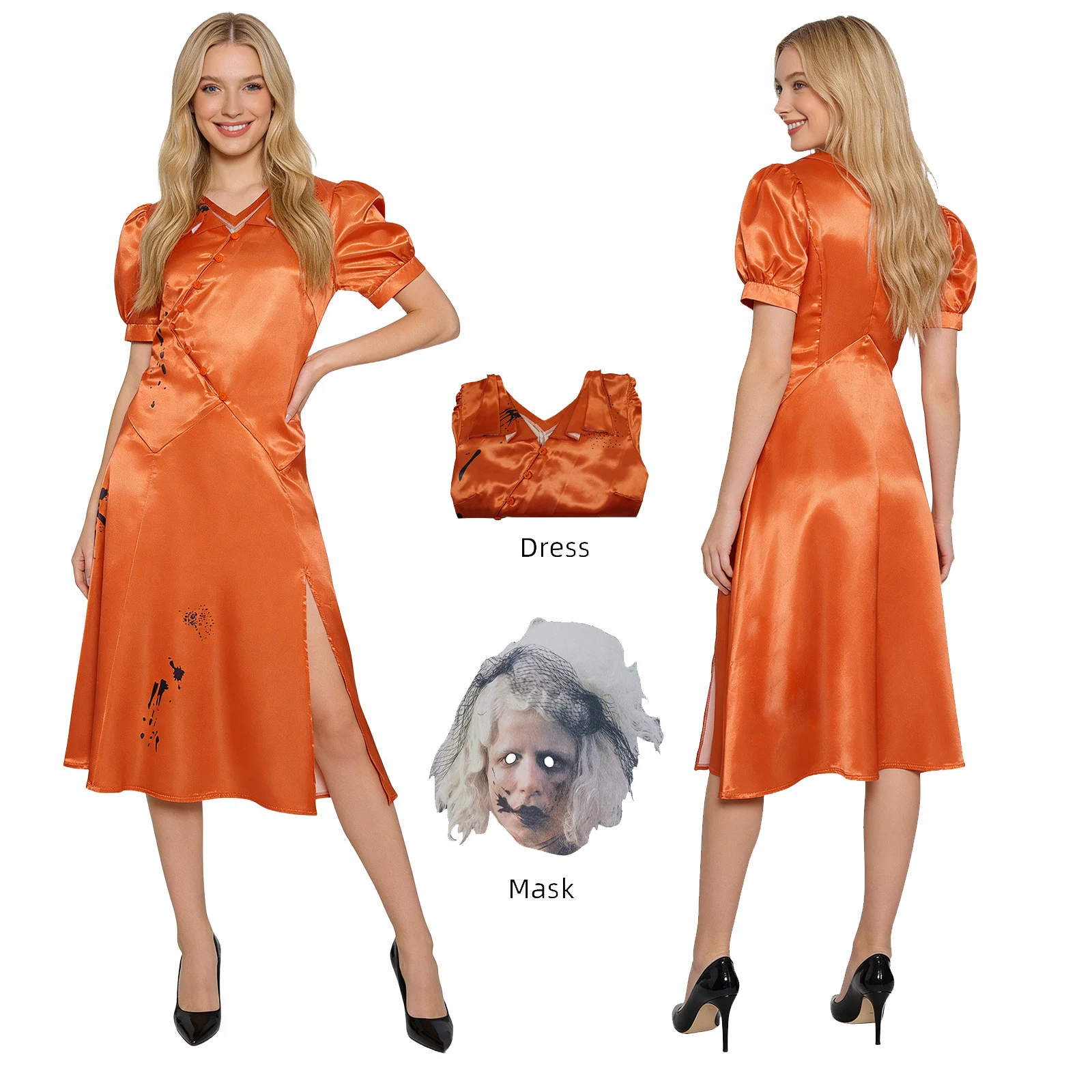 The Bride Cosplay Costume Orange Satin Dress with Mask Halloween Horror Party Outfit for Women
The Bride Cosplay Costume Orange Satin Dress with Mask Halloween Horror Party Outfit for Women