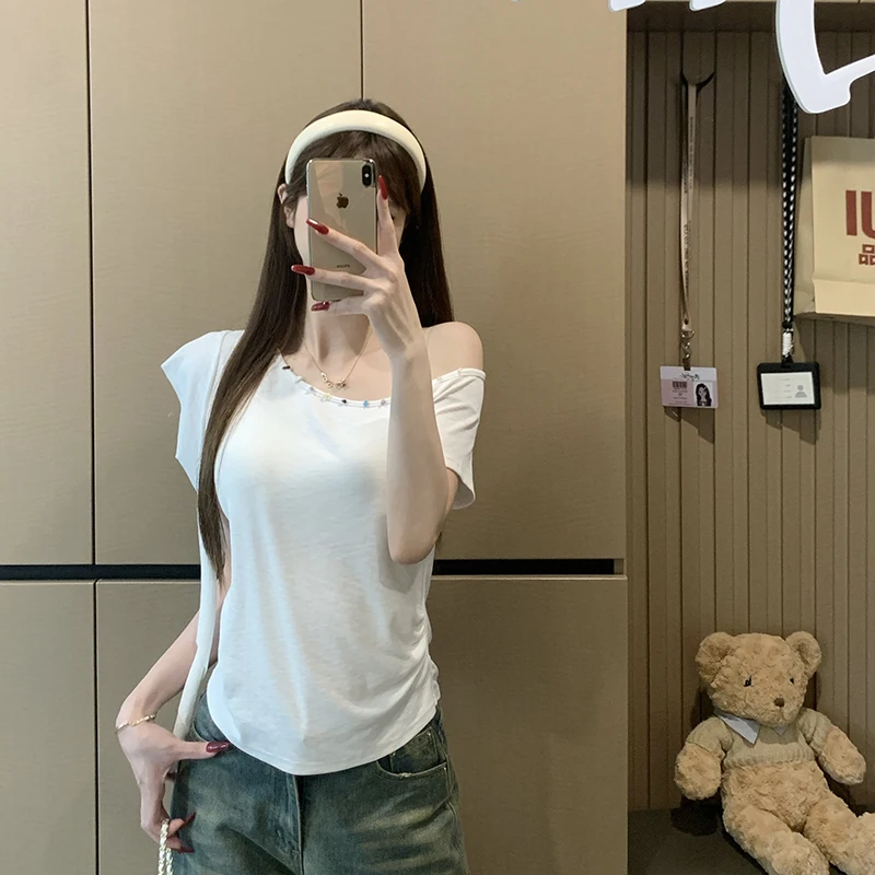 Korean V Neck T Shirt Women Summer Patchwork Slim Irregular Short Sleeve Tops Y2K Fashion Harajuku Beaded Female Blue Tees New
Korean V Neck T Shirt Women Summer Patchwork Slim Irregular Short Sleeve Tops Y2K Fashion Harajuku Beaded Female Blue Tees New