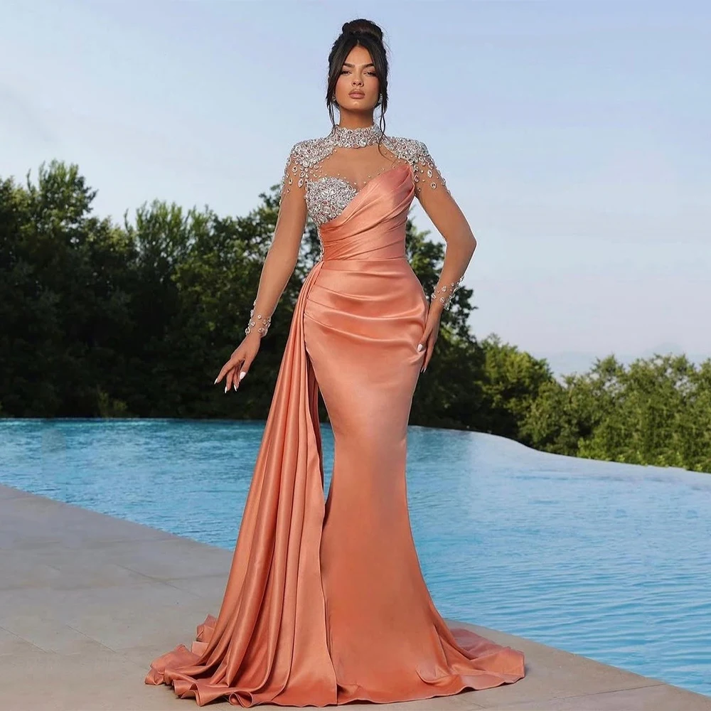 Luxury Evening Dress Crystals Long Sleeves High Collar Mermaid Evening Gowns Orange Satin Draped Trumpet Formal Party Dresses
Luxury Evening Dress Crystals Long Sleeves High Collar Mermaid Evening Gowns Orange Satin Draped Trumpet Formal Party Dresses