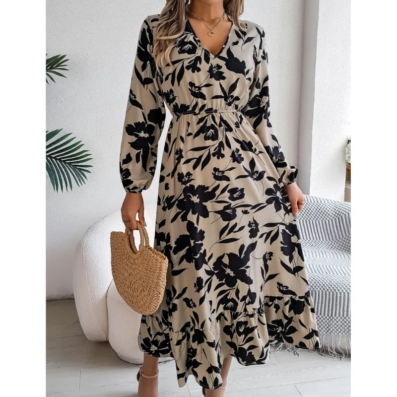 Elegant Women's Printing V-neck Lantern Long Sleeved Slim Dress Spring And Autumn Fashion Casual Floral Mid Length Dresses Retro
Elegant Women's Printing V-neck Lantern Long Sleeved Slim Dress Spring And Autumn Fashion Casual Floral Mid Length Dresses Retro