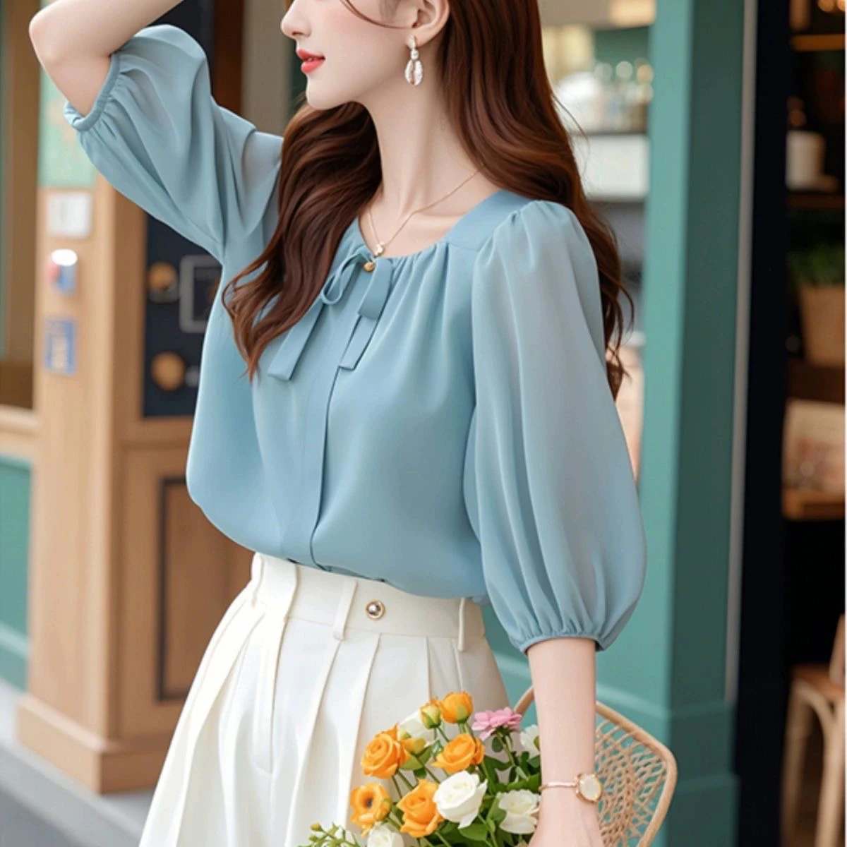 Chic Commuter Sle Blue Chiffon Casual irt Women's Loose Fit Seven Sve round Ne Pure Color Faion Autumn Reduction
Chic Commuter Sle Blue Chiffon Casual irt Women's Loose Fit Seven Sve round Ne Pure Color Faion Autumn Reduction