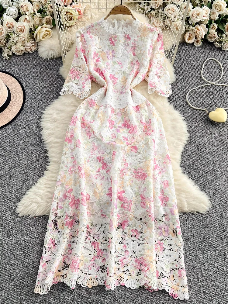 Hook Flower Hollow Dress Lace Stand Neck Short Sleeve Print Design Dresses French Elegant 2025 Summer Female Slim Women Clothing
Hook Flower Hollow Dress Lace Stand Neck Short Sleeve Print Design Dresses French Elegant 2025 Summer Female Slim Women Clothing