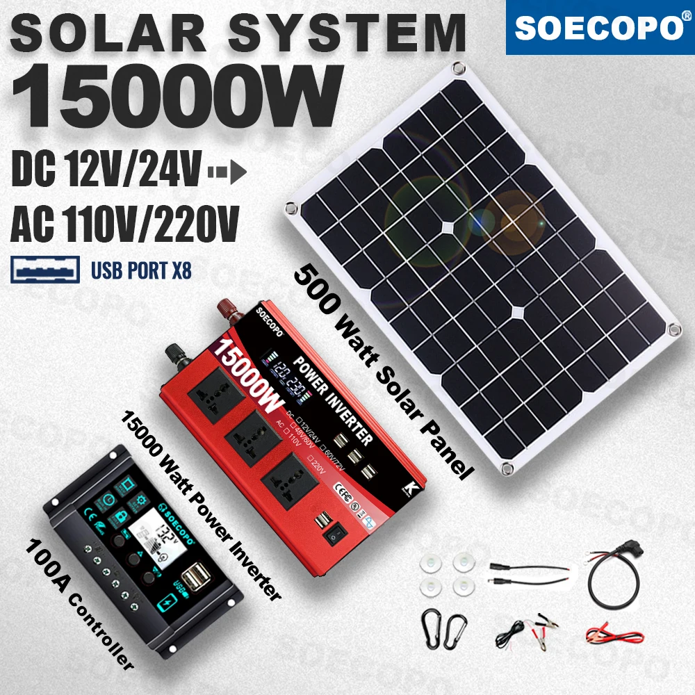 15000W Peak Solar System Kit 500W Panel 100A Controller 12V24V To 110V 220V Inverter Generator with 8USB Ports for Home Off Grid
15000W Peak Solar System Kit 500W Panel 100A Controller 12V24V To 110V 220V Inverter Generator with 8USB Ports for Home Off Grid