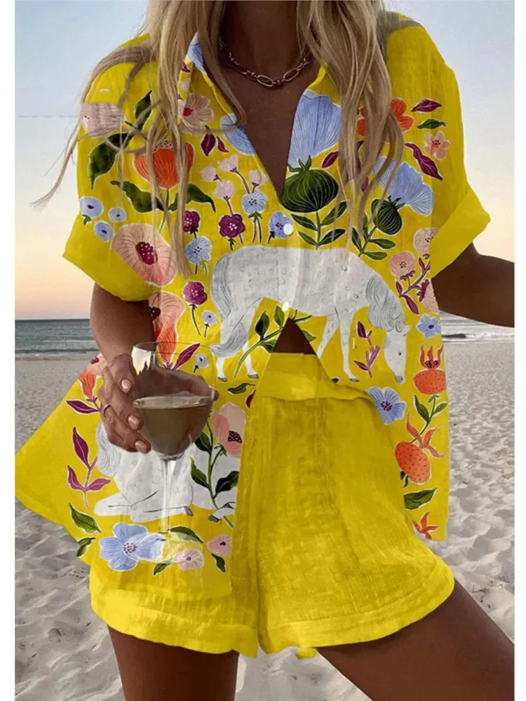 Women's Summer Fashion Retro Printed Short Sleeve Shirts Sets New Casual Loose Simple Female Beach Vacation Shorts 2 Piece Set
Women's Summer Fashion Retro Printed Short Sleeve Shirts Sets New Casual Loose Simple Female Beach Vacation Shorts 2 Piece Set