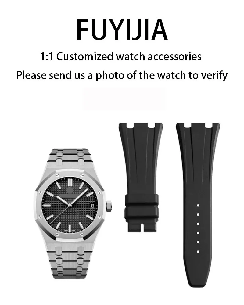 FUYIJIA Women Custom ROYAL OAK 15500 Original Watchbands 26MM*18MM Tooth Shaped Interface Fluororubber Strap Folding Buckle Belt
FUYIJIA Women Custom ROYAL OAK 15500 Original Watchbands 26MM*18MM Tooth Shaped Interface Fluororubber Strap Folding Buckle Belt
