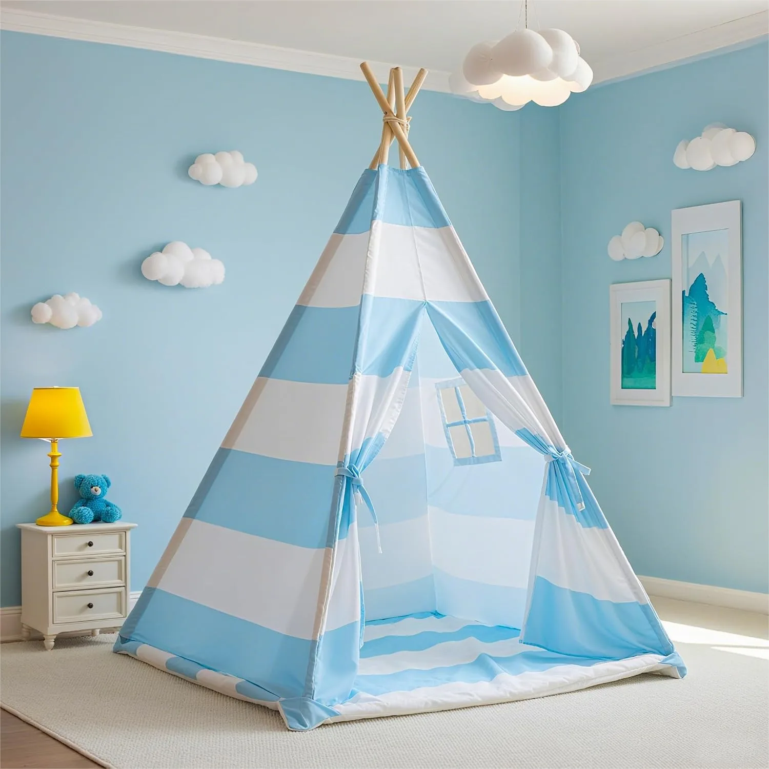 Teepee Tent for Kids with Padded Mat, Lights, and Carry Bag, Washable Playhouse for Indoor Use, Stripe Blue
Teepee Tent for Kids with Padded Mat, Lights, and Carry Bag, Washable Playhouse for Indoor Use, Stripe Blue