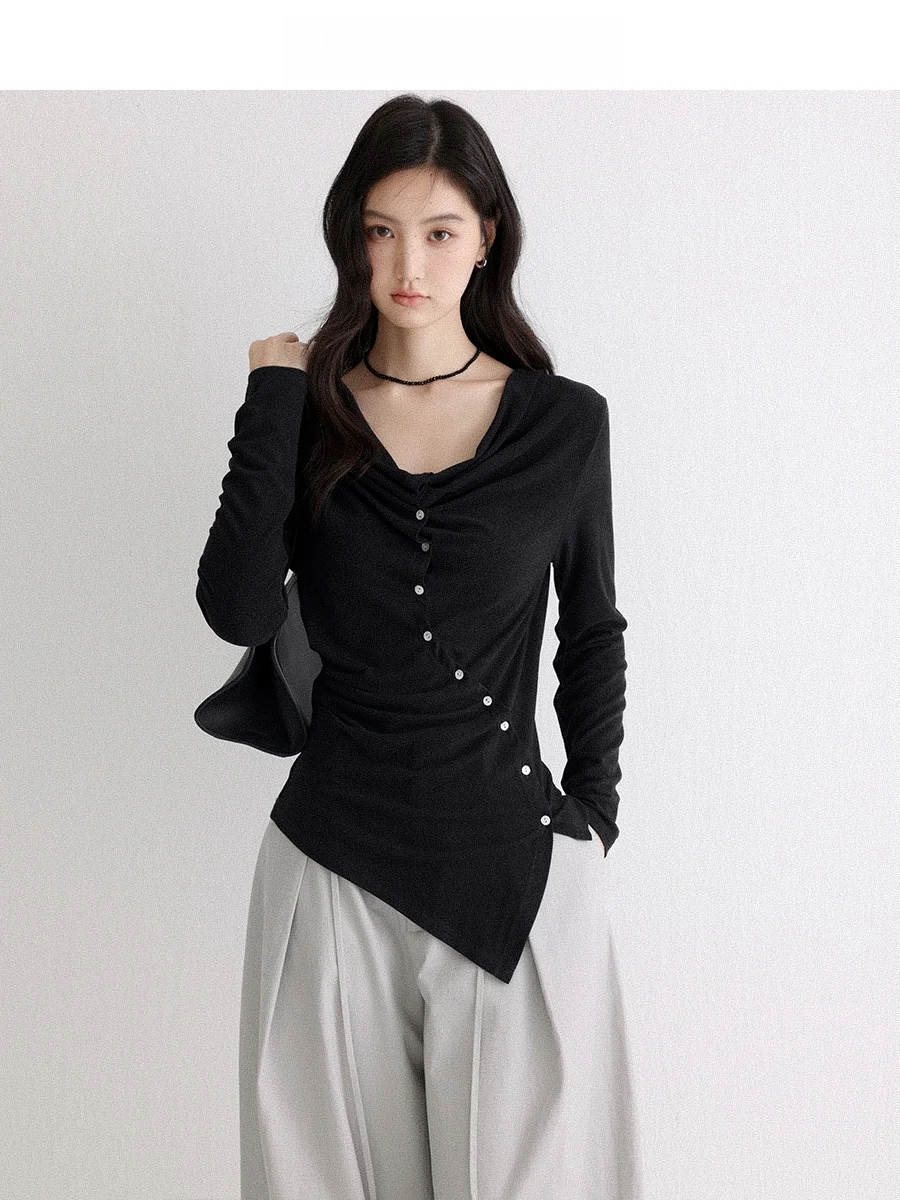 Женская черная футболка с длинным рукавом и эффектом похудения, асимметричный дизайн, высокий воротник, CHACHASTU, осенне-зимняя модная повседневная одежда
Женская черная футболка с длинным рукавом и эффектом похудения, асимметричный дизайн, высокий воротник, CHACHASTU, осенне-зимняя модная повседневная одежда