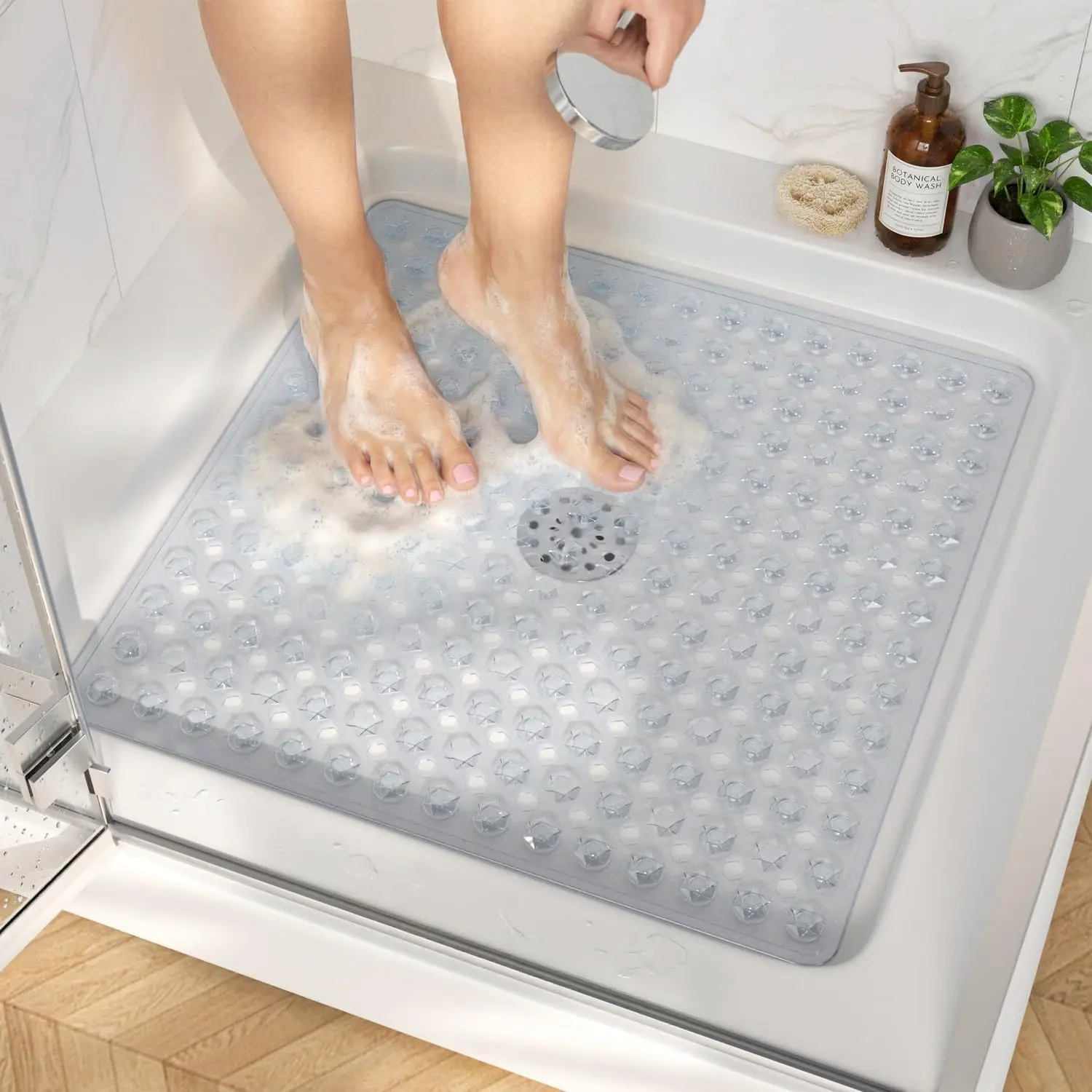 Non Slip Shower Mat 21x21 Inch, Soft PVC Bath Mat with Suction Cups & Drain Holes, Machine Washable, Clear
Non Slip Shower Mat 21x21 Inch, Soft PVC Bath Mat with Suction Cups & Drain Holes, Machine Washable, Clear