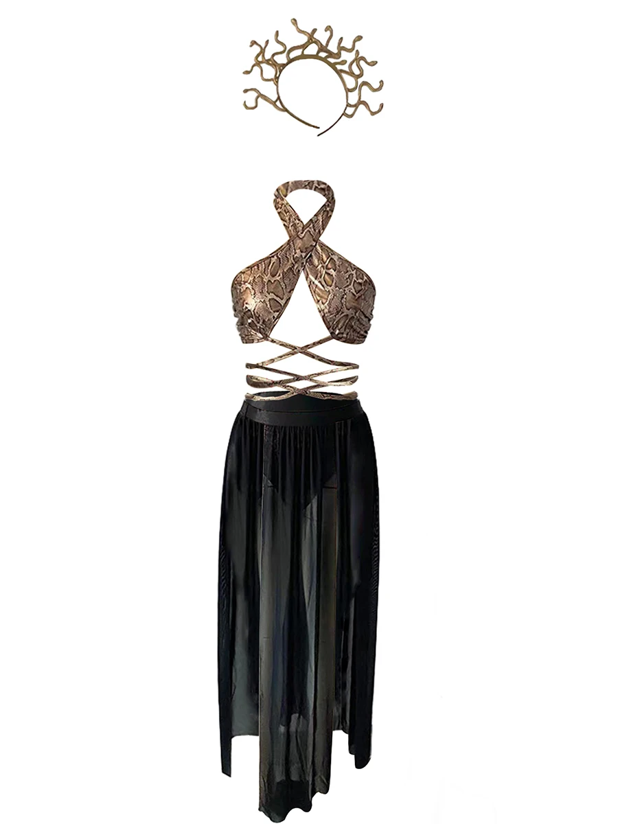 Женское нижнее белье для ролевых игр, комплект из 4 предметов, топ на бретелях со змеиной кожей, шорты, юбка, повязка на голову, костюм
Женское нижнее белье для ролевых игр, комплект из 4 предметов, топ на бретелях со змеиной кожей, шорты, юбка, повязка на голову, костюм