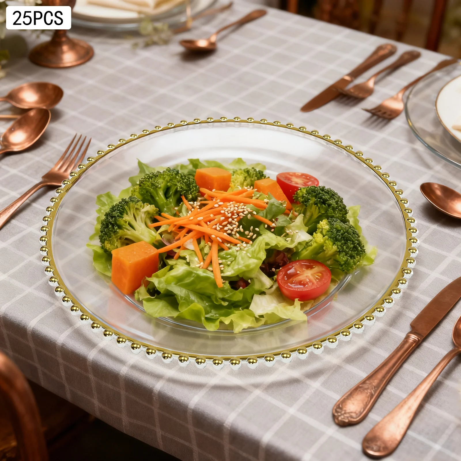 25Pcs Dinner Charger Plates, Clear Charger Plate 12.6 inch Round Dinner Plate with Gold Beaded Rim Dinner Table Decorative Plate
25Pcs Dinner Charger Plates, Clear Charger Plate 12.6 inch Round Dinner Plate with Gold Beaded Rim Dinner Table Decorative Plate