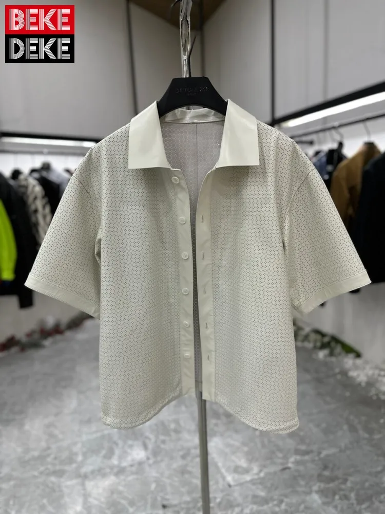 Summer Mens Sheepskin Genuine Leather Shirt Hollow Out Breathable Single Breasted Tops Short Sleeve Loose Fit Male Casual Shirts
Summer Mens Sheepskin Genuine Leather Shirt Hollow Out Breathable Single Breasted Tops Short Sleeve Loose Fit Male Casual Shirts